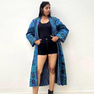 Floral Cotton Unisex Duster, Blue  Ethnic outerwear, vintage antique indian ethnic long jacket,Goddess Lakshmi unique fashionable cardigan