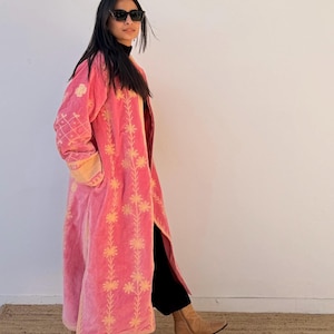 Embroidered Velvet  summer Duster Coat: Boho Chic Pink Outerwear, luxury statement coat women, Evening occasion coat