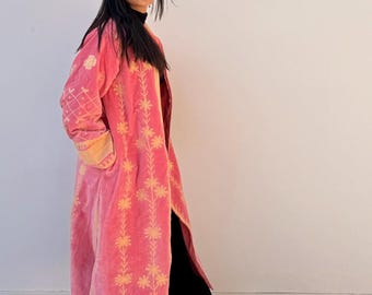 Embroidered Velvet  summer Duster Coat: Boho Chic Pink Outerwear, luxury statement coat women, Evening occasion coat