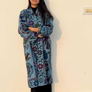 Floral ceremonial Unisex Duster, Blue dyed Ethnic outerwear, vintage antique indian ethnic jacket, unique fashionable longline cardigan