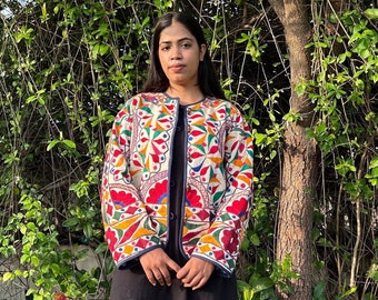 Chaqueta multicolor bordada para mujer, Chaqueta abierta de cuello redondo hecha a mano, Chaqueta boho party festival, Chaqueta abierta acolchada