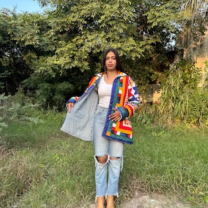 Patchwork Quilt shirt Jacket, rainbow vintage retro jacket, bohemian multicoloured loud jacket, star print festival jacket, cottagecore