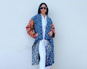 Indigo kantha block print shawl collar quilt coat, hand embroidered tribal textiles spring coat, unique boho flowy sustainable festival coat