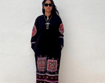 Boho Patchwork Duster Coat: Upcycled Rabari Wool, Hand-Embroidered