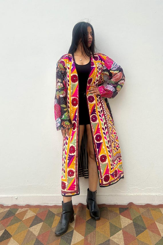 Long Line Embroidered Cardigan Coat for Women Colorful Quilted Kimono Jacket for Women Kantha Cotton Duster Coat Luxury Loungewear Robe Etsy