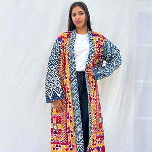 Festive statement piece, Boho kimono duster /applique shrug / multicoloured unique kimono robe /  embroidered long spring coat