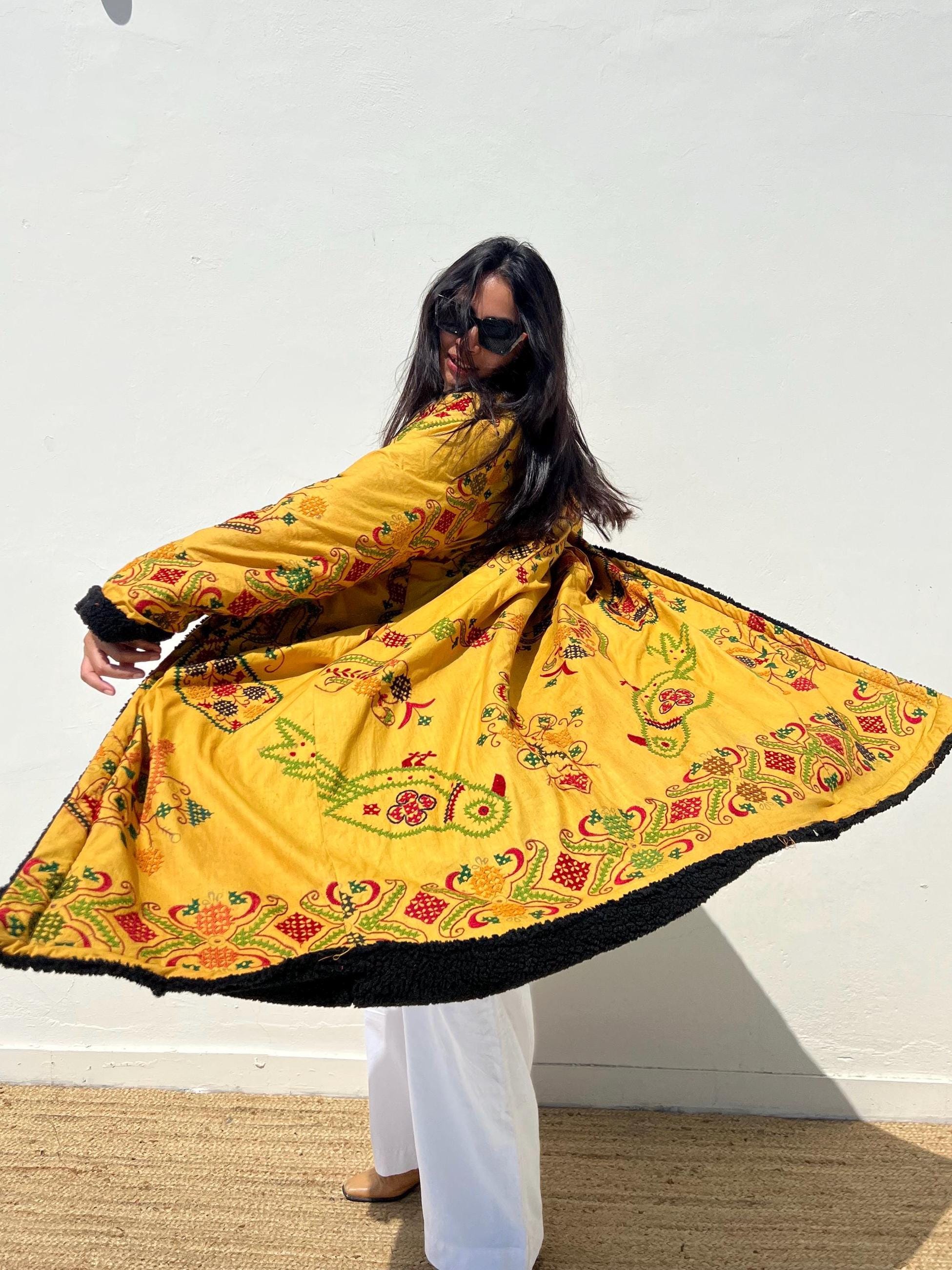 Mustard Yellow Robe Kimono Style Mustard Yellow Embroidered Duster Winter Coat / Handmade ...