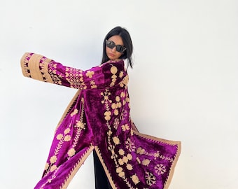 Purple Silk Velvet Duster Jacket | Long Embroidered Velvet Coat | Holiday Party Outfit | Evening Luxury Outerwear