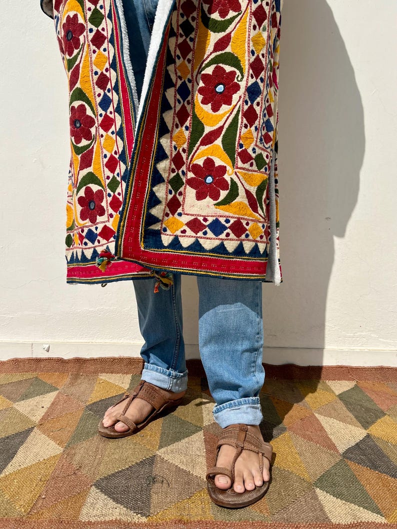 Unisex Quiltad flerfärgad blommig broderad dusterkappa med sherpafleecefoder / boho discojacka / unik festivalbohokappa bild 4