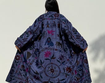 Navy blue boho duster coat / embroidered unisex duster long coat /maximalist festival statement coat/ summer unique lyering duster coat