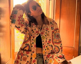 Upcycled Oversized Embroidered Shacket with Corduroy Details | One of a Kind Boho Jacket | Vintage Folk Art Cotton Coat