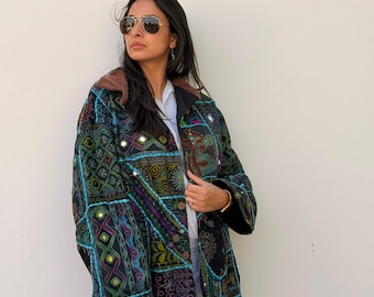Upcycled Pathwork Jacket, Mirrorwork embroidered jacket, Black boho jacket with corduroy collar, artisan embroidered jacket