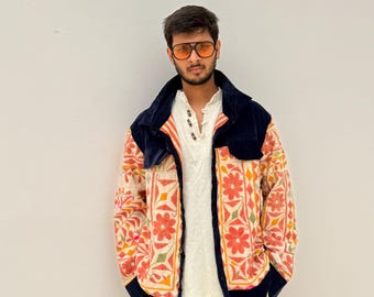 Men’s Upcycled Banjara Embroidered Jacket with Corduroy | One of a Kind Boho Festival Coat
