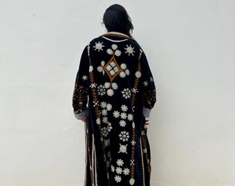 Black Boho Chic Longline Jacket, Embroidered Velvet One of a kind luxury outerwear, longline duster kimono, statement coat
