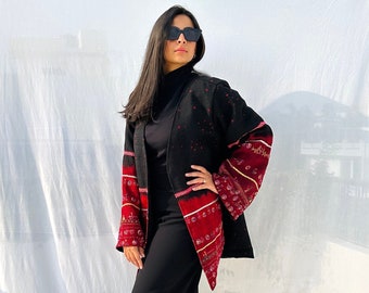 Women wool coat /  kimono coat /ombre tie dye robe / indian tribal coat / unique embroidered coat / black red women coat / festival coat