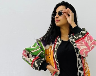 Unique patchwork bomber jacket for women  / multicolored repurposed vintage embroidered hand made jacket / embellished mirrored jacket