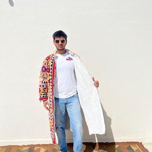 Unisex Quiltad flerfärgad blommig broderad dusterkappa med sherpafleecefoder / boho discojacka / unik festivalbohokappa bild 8