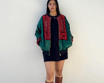 Upcycled Embroidered Bomber Jacket: Vintage Balochi Ethnic Jacket, green bomber jacket