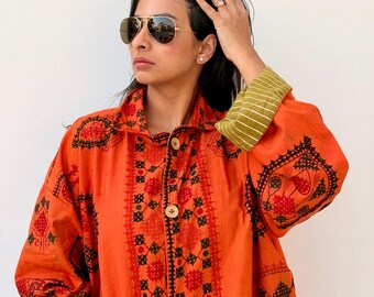 Orange Cotton Shacket | collectors Banjara jacket | 50 year old tribal textile | Boho Oversized Summer Coat