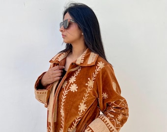Mustard brown Longline velvet dress coat for women , embroidered boho chic duster coat, unique cover up warm robe