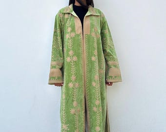 Green Longline velvet dress coat for women , embroidered boho chic duster coat, unique cover up warm spring robe