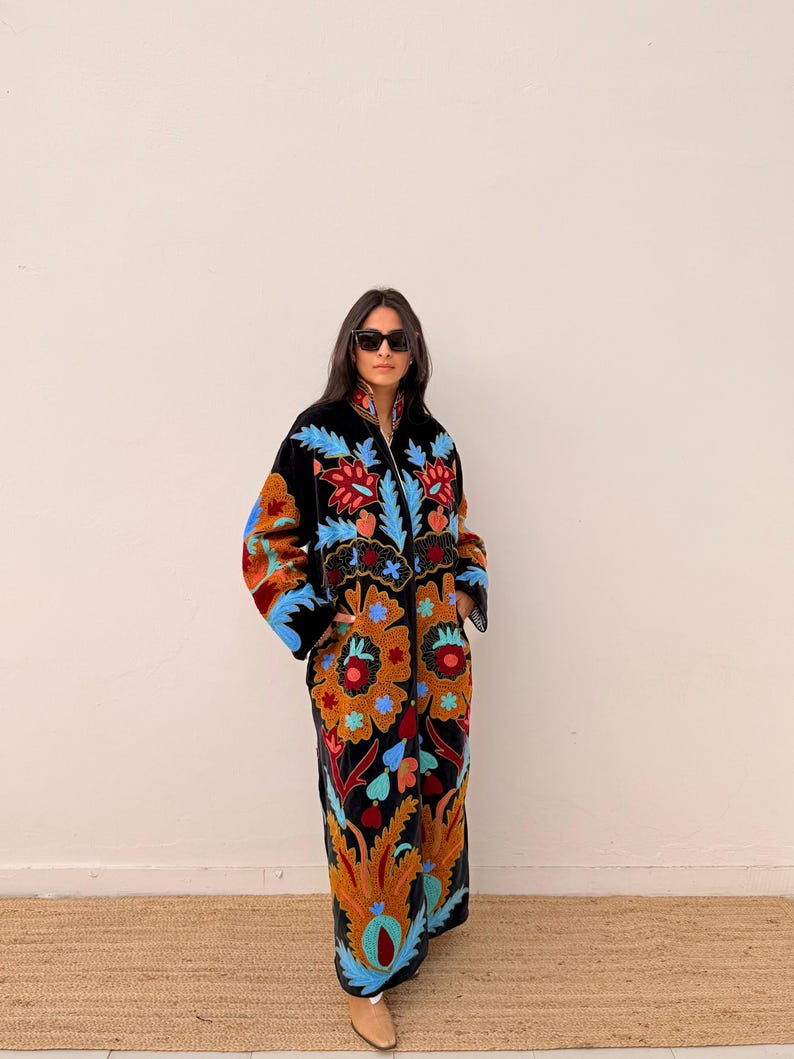 Embroidered Velvet Statement Coat | Maximalist Longline Luxury Outerwear image 1