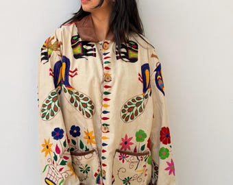 Upcycled Oversized Embroidered Shacket with Corduroy Details | One of a Kind Boho Jacket | Vintage Folk Art Cotton Coat