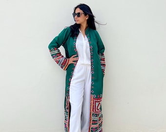 Long kimono duster for women  / ethnic dress robe / embroidered shamanic cloak / indian cotton embroidered coat / green desert cloak