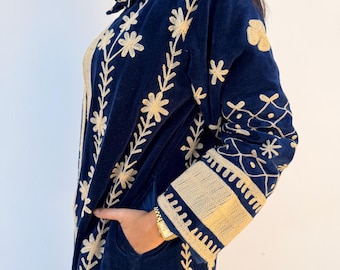 Dark navy blue Longline velvet dress coat for women , embroidered boho chic duster coat, unique cover up warm robe, evening wear