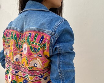 Patchwork Denim Jacket / Embroidered Jean Jacket / Boho