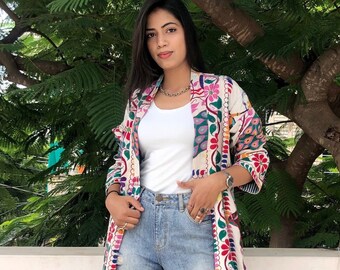 Embroidered tropical colourful  longline dressy duster / retro chic embroidered vibrant kimono style coat / custom made unique clothing
