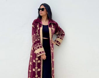 Luxury elegant velvet coat in Deep Wine Burgundy shade, embroidered chic duster coat, unique cover up warm robe, boho festive fall outerwear