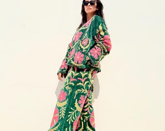 Suzani Embroidered Co-ord Set – Green Botanical Velvet Two Piece Outfit | Boho Festival Suit | One of a Kind Statement Set