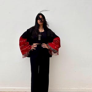 Handmade black & red woollen cape coat , bohemian upcycled coat women, music festival jacket, patchwork quilted goddess Bedouin shawl coat