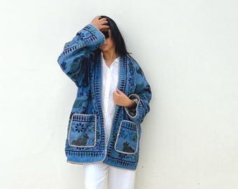 Upcycled Banjara Embroidered Coat: Boho Patina blue Statement Jacket