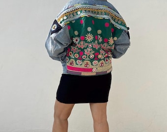 Festival Clothing for men & women , embroidered patchwork jacket , denim hippie patchwork jacket with vintage coin belt