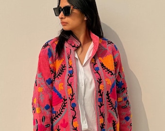 Pink Yellow Mustard Embroidered Cotton Jacket | Women Statement Coat  | Luxury  Chic Outerwear