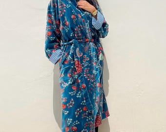 Teal blue velvet robe , luxury velvet kimono coat, unique cover up warm house robe, layering winter autumn coat