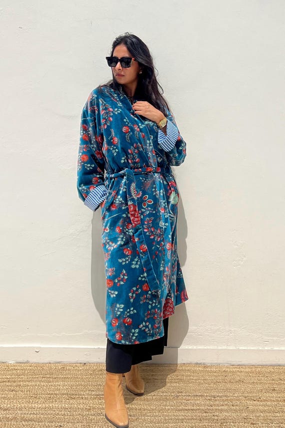 Teal blue velvet robe , luxury velvet kimono coat, unique cover up warm house robe, layering winter autumn coat