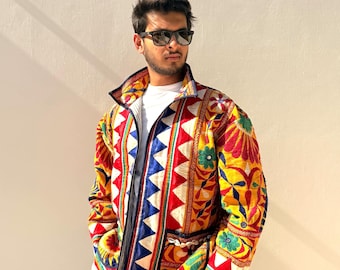 Embroidered floral unique boxy jacket for men & women , boho chic festival jacket, patchwork seasonal quilted multicolored chore jackets