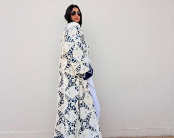 Vintage Crochet Indigo Kantha Coat | Hand Block Print Bagru Lined Jacket | One of a Kind Textile Art Outerwear