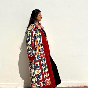 Patchwork hand embroidered multicolored upcycled coat / boho chic statement duster coat/ maximalist embellished bold luxe layering coat