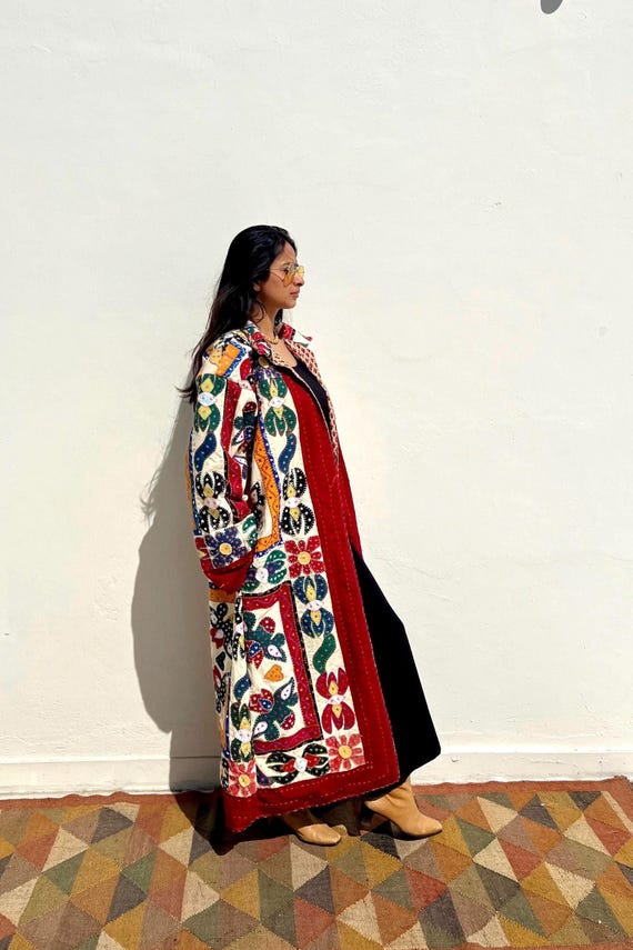 Patchwork Hand Embroidered Multicolored Upcycled Coat Boho Chic