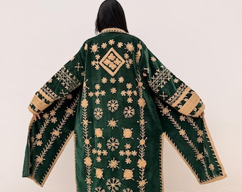 Embroidered Velvet Duster Coat, Boho Chic Longline Jacket in Green, one of a kind luxury outerwear, longline duster kimono, statement coat