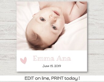 Printable girl birth announcement card, square format with 1 photo