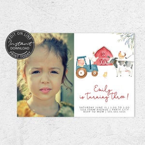 Invitation anniversaire ferme avec photo | Invitation à imprimer | Animaux de la ferme | Anniversaire 2 ans, 3 ans, 4 ans | A101