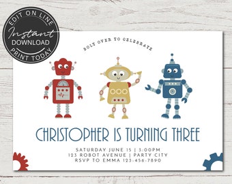 Robot invitation | Boy birthday invitation | INSTANT DOWNLOAD | Editable, printable invitation | 3rd, 4th, 5th birthday party