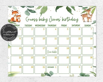 May include: A printable baby shower game with a green and gold color scheme. The game is a calendar with the text "Guess baby Jones' birthday" and a due date marked on the calendar.