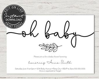 Baby shower invitation | INSTANT DOWNLOAD | Editable template | Black & White | Simple and modern