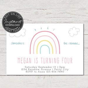 Rainbow invitation| Rainbow birthday invite | INSTANT DOWNLOAD | Editable, printable invitation | 4th, 5th, 6th girl birthday party